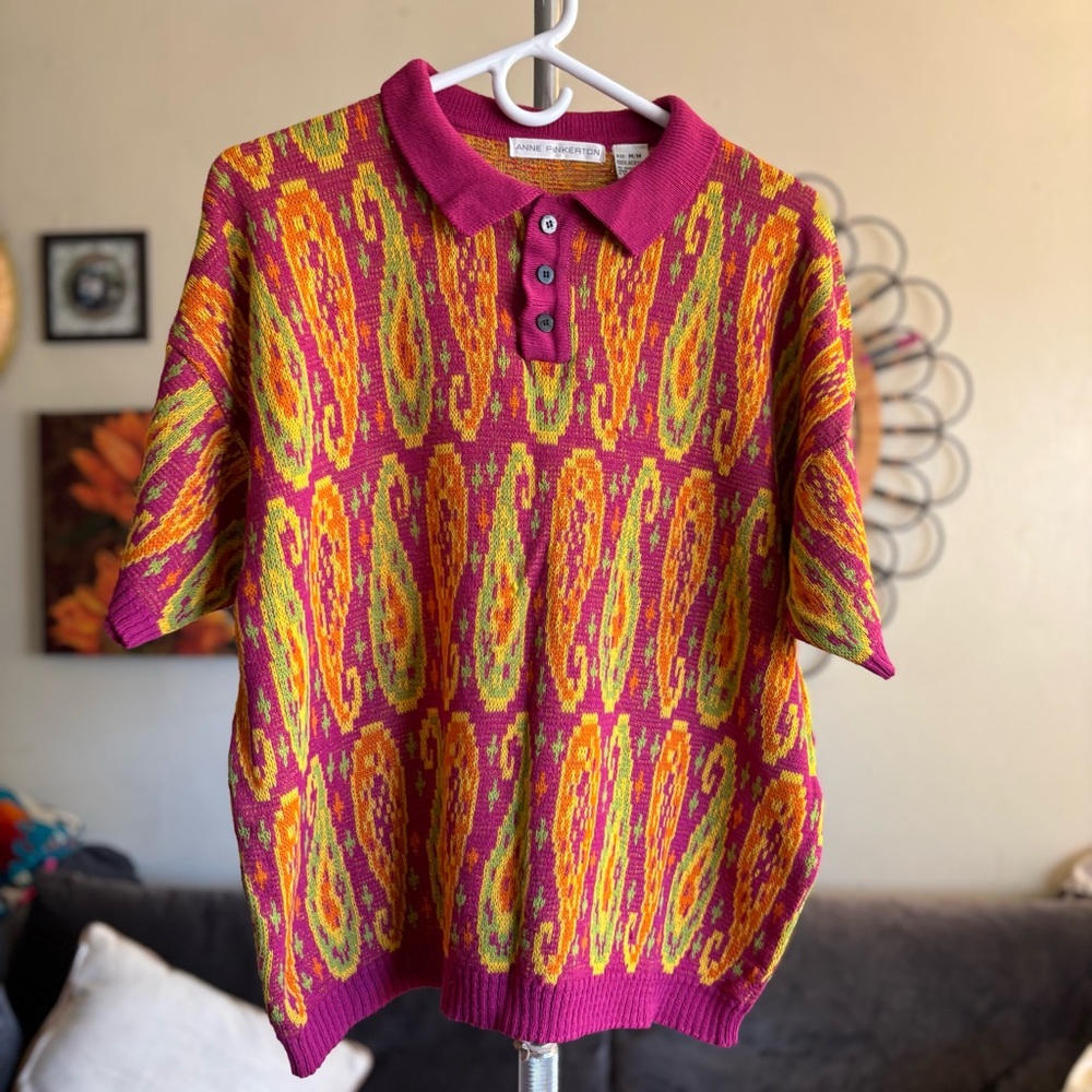 Vintage Art To Wear Knit Polo Sweater Top Size M